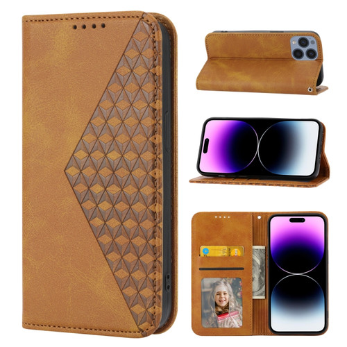 iPhone 14 Pro Max Cubic Grid Calf Texture Magnetic Closure Leather Phone Case - Yellow