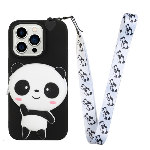 iPhone 14 Pro Max Silicone Wallet Phone Case with Lanyard - Black Panda