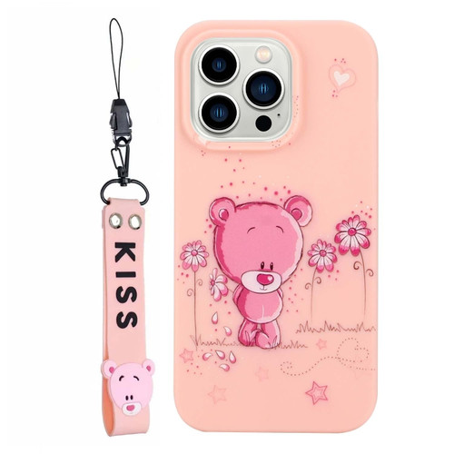iPhone 14 Pro Max Silicone Painted Phone Case with Lanyard - Flower Bear