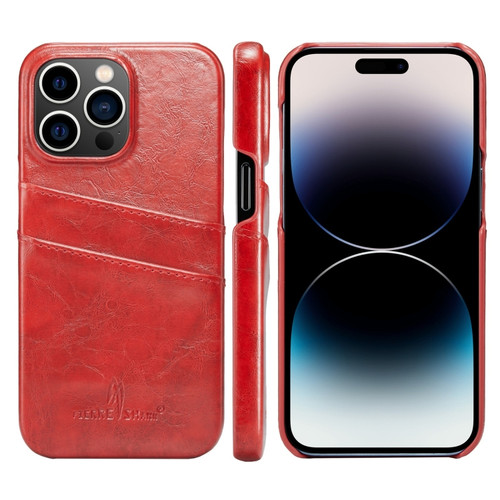 iPhone 14 Pro Max Fierre Shann Retro Oil Wax Texture PU Leather Case with Card Slots  - Red