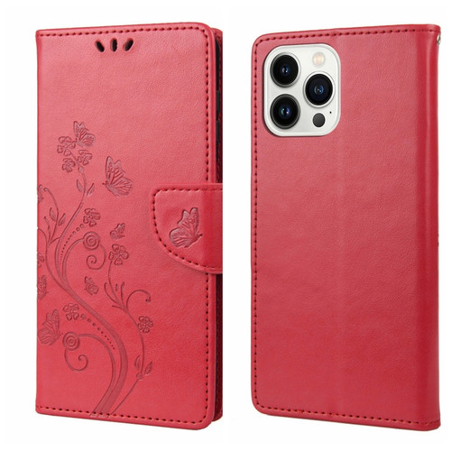 iPhone 14 Pro Max Butterfly Flower Pattern Flip Leather Phone Case  - Red