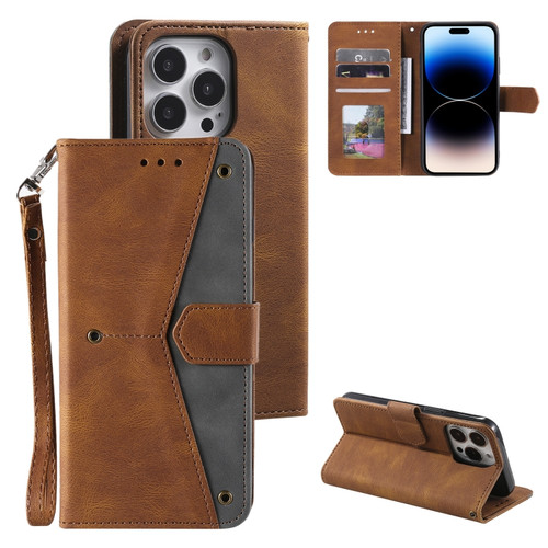 iPhone 14 Pro Max Nail Skin Feel Stitching Calf Texture Leather Phone Case - Brown