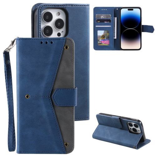 iPhone 14 Pro Max Nail Skin Feel Stitching Calf Texture Leather Phone Case - Blue