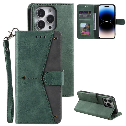 iPhone 14 Pro Max Nail Skin Feel Stitching Calf Texture Leather Phone Case - Green