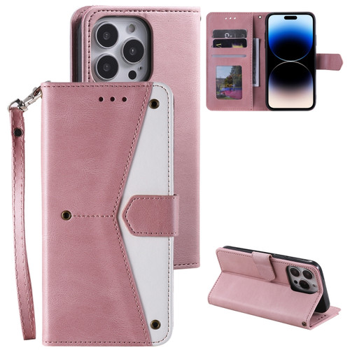 iPhone 14 Pro Max Nail Skin Feel Stitching Calf Texture Leather Phone Case - Rose Gold