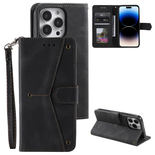 iPhone 14 Pro Max Nail Skin Feel Stitching Calf Texture Leather Phone Case - Black