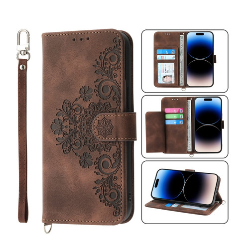 iPhone 14 Pro Max Skin-feel Flowers Embossed Wallet Leather Phone Case - Brown