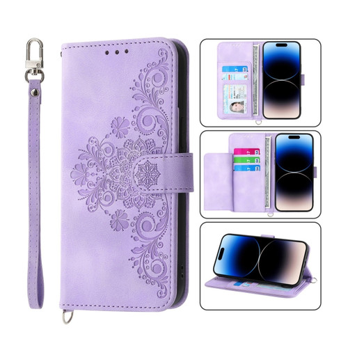 iPhone 14 Pro Max Skin-feel Flowers Embossed Wallet Leather Phone Case - Purple