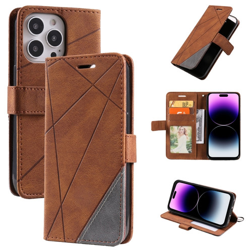 iPhone 14 Pro Max Skin Feel Splicing Leather Phone Case - Brown