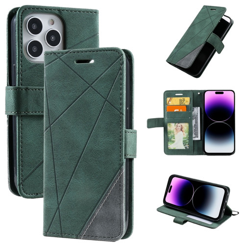 iPhone 14 Pro Max Skin Feel Splicing Leather Phone Case - Green