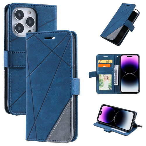 iPhone 14 Pro Max Skin Feel Splicing Leather Phone Case - Blue