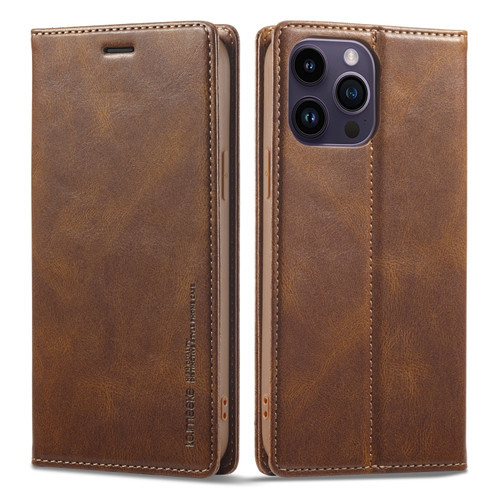 iPhone 14 Pro Max LC.IMEEKE RFID Anti-theft Leather Phone Case - Brown