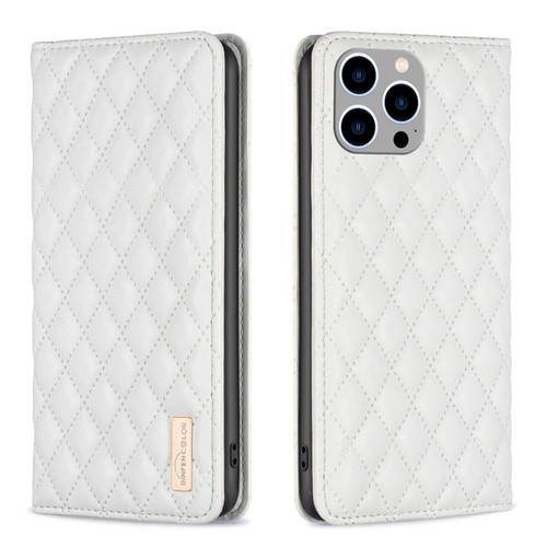 iPhone 14 Pro Max Diamond Lattice Magnetic Leather Flip Phone Case - White
