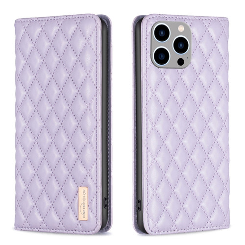iPhone 14 Pro Max Diamond Lattice Magnetic Leather Flip Phone Case - Purple