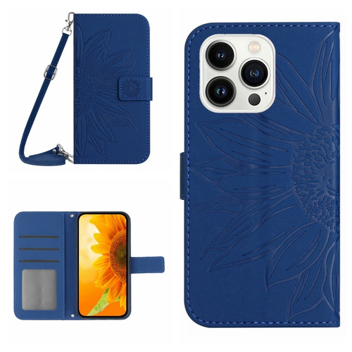 iPhone 14 Pro Max Skin Feel Sun Flower Pattern Flip Leather Phone Case with Lanyard - Dark Blue