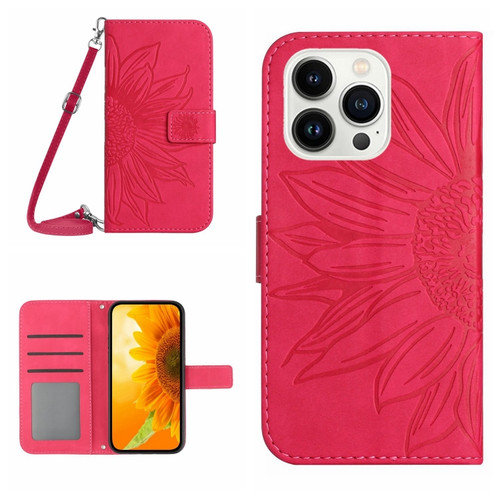 iPhone 14 Pro Max Skin Feel Sun Flower Pattern Flip Leather Phone Case with Lanyard - Rose Red