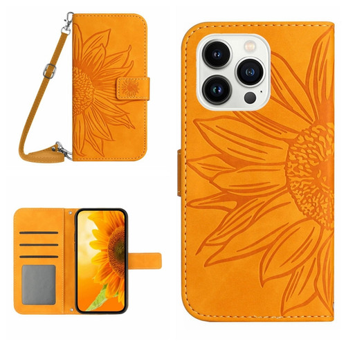 iPhone 14 Pro Max Skin Feel Sun Flower Pattern Flip Leather Phone Case with Lanyard - Yellow