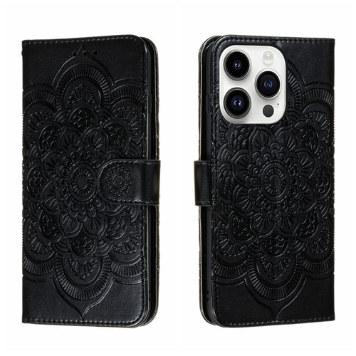 iPhone 14 Pro Max Sun Mandala Embossing Leather Phone Case - Black