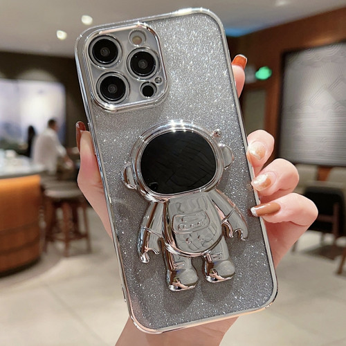 iPhone 14 Pro Max Astronaut Holder Gradient Glitter Powder Phone Case - Silver