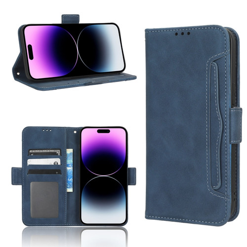 iPhone 14 Pro Max Skin Feel Calf Texture Card Slots Leather Phone Case - Blue