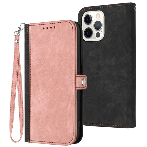 iPhone 14 Pro Max Side Buckle Double Fold Hand Strap Leather Phone Case - Pink