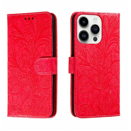 iPhone 14 Pro Max Lace Flower Embossing Flip Leather Phone Case - Red