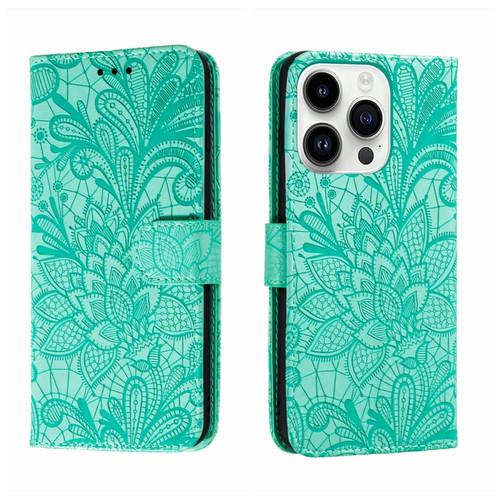 iPhone 14 Pro Max Lace Flower Embossing Flip Leather Phone Case - Green