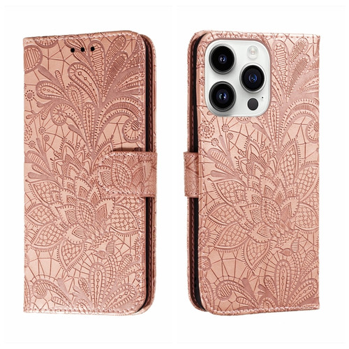 iPhone 14 Pro Max Lace Flower Embossing Flip Leather Phone Case - Rose Gold