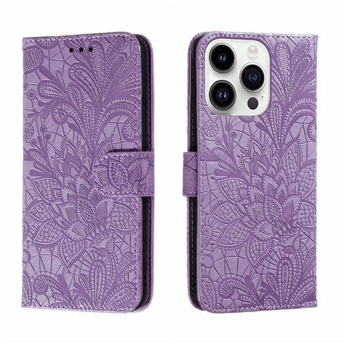 iPhone 14 Pro Max Lace Flower Embossing Flip Leather Phone Case - Purple