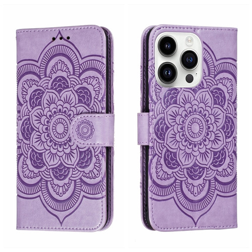 iPhone 14 Pro Max Sun Mandala Embossing Leather Phone Case - Purple