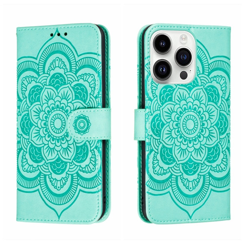 iPhone 14 Pro Max Sun Mandala Embossing Leather Phone Case - Green