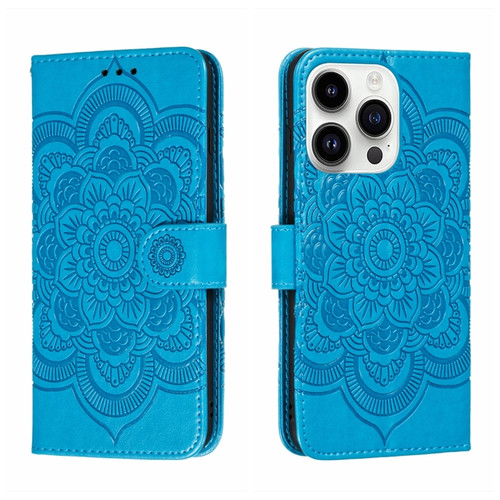 iPhone 14 Pro Max Sun Mandala Embossing Leather Phone Case - Blue