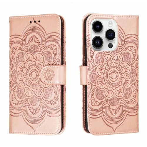 iPhone 14 Pro Max Sun Mandala Embossing Leather Phone Case - Rose Gold