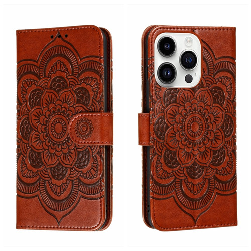 iPhone 14 Pro Max Sun Mandala Embossing Leather Phone Case - Brown