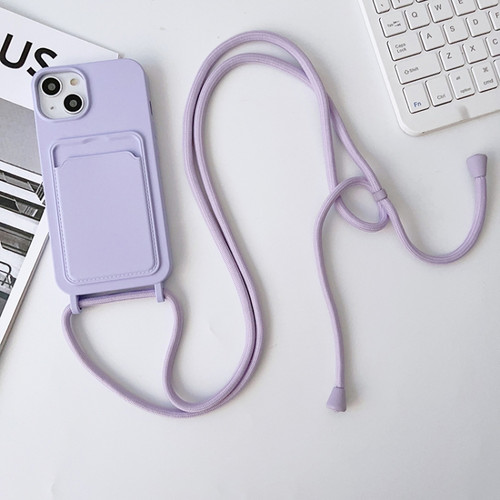 iPhone 14 Pro Max Crossbody Lanyard Elastic Silicone Card Holder Phone Case - Lavender Purple