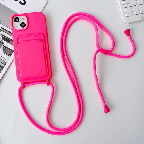 iPhone 14 Pro Max Crossbody Lanyard Elastic Silicone Card Holder Phone Case - Rose Red