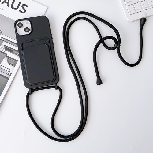 iPhone 14 Pro Max Crossbody Lanyard Elastic Silicone Card Holder Phone Case - Black
