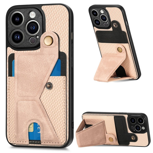 iPhone 14 Pro Max Carbon Fiber Wallet Flip Card K-shaped Holder Phone Case - Khaki