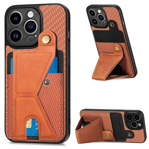 iPhone 14 Pro Max Carbon Fiber Wallet Flip Card K-shaped Holder Phone Case - Brown