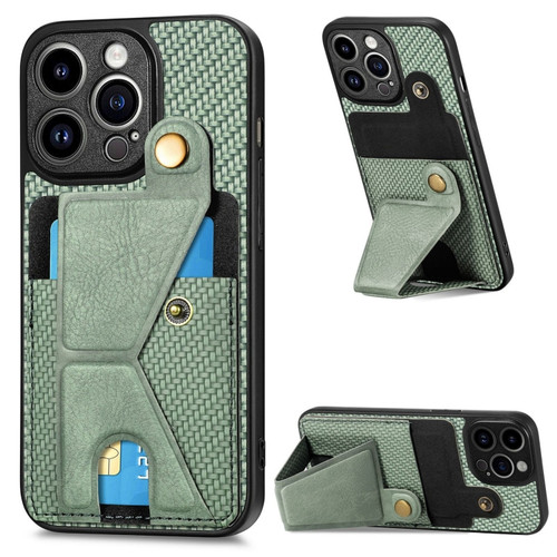 iPhone 14 Pro Max Carbon Fiber Wallet Flip Card K-shaped Holder Phone Case - Green