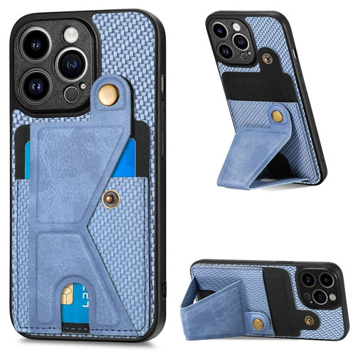 iPhone 14 Pro Max Carbon Fiber Wallet Flip Card K-shaped Holder Phone Case - Blue