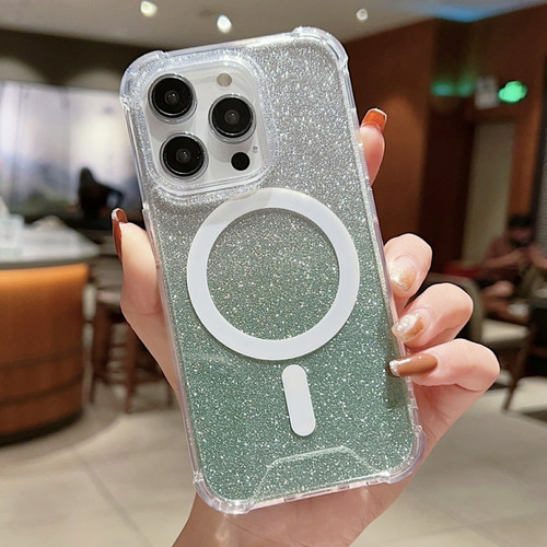 iPhone 14 Pro Max MagSafe Gradient Color Glitter Acrylic Shockproof Phone Case - Light Green