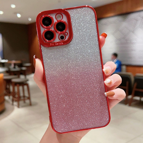iPhone 14 Pro Max High Transparent Gradient Color Glitter TPU Phone Case - Red