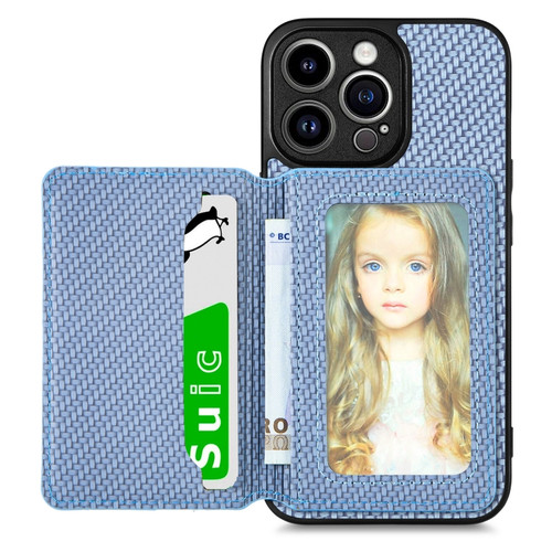 iPhone 14 Pro Max Carbon Fiber Magnetic Card Bag Phone Case - Blue