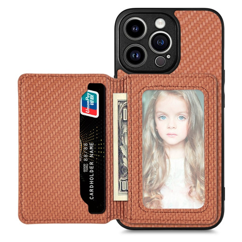 iPhone 14 Pro Max Carbon Fiber Magnetic Card Bag Phone Case - Brown