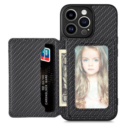 iPhone 14 Pro Max Carbon Fiber Magnetic Card Bag Phone Case - Black