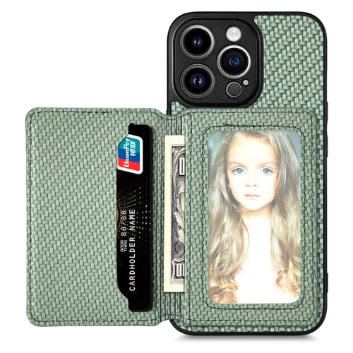iPhone 14 Pro Max Carbon Fiber Magnetic Card Bag Phone Case - Green