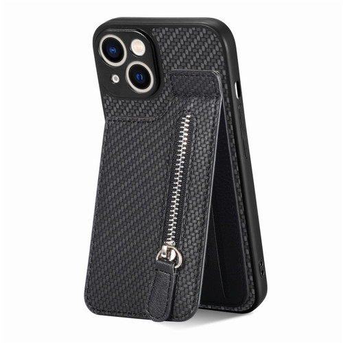 iPhone 14 Pro Max Carbon Fiber Vertical Flip Zipper Phone Case - Black