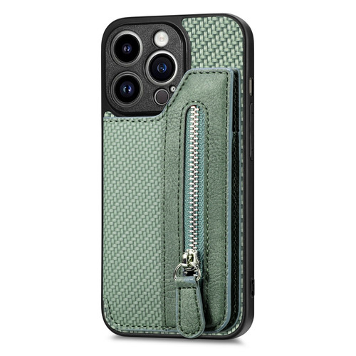 iPhone 14 Pro Max Carbon Fiber Horizontal Flip Zipper Wallet Phone Case - Green