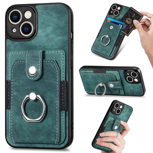iPhone 14 Pro Max Retro Skin-feel Ring Card Wallet Phone Case - Green